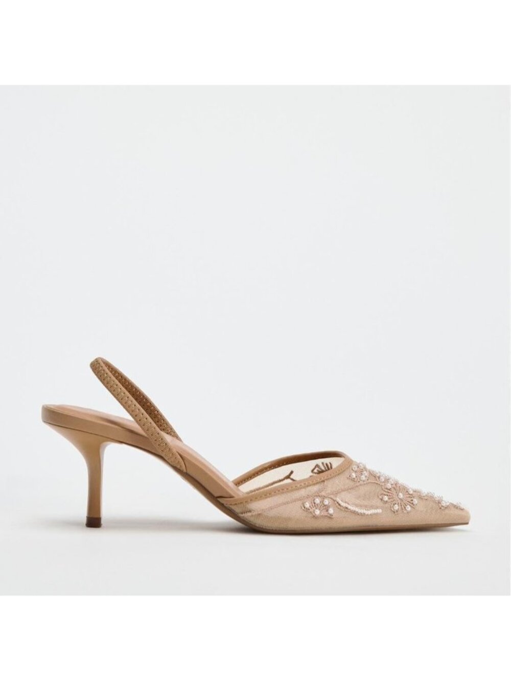 Women's Floral Embroidered Brown Slingback Heels with Pearl Studded Pointed Toe - Picture 3 of 6